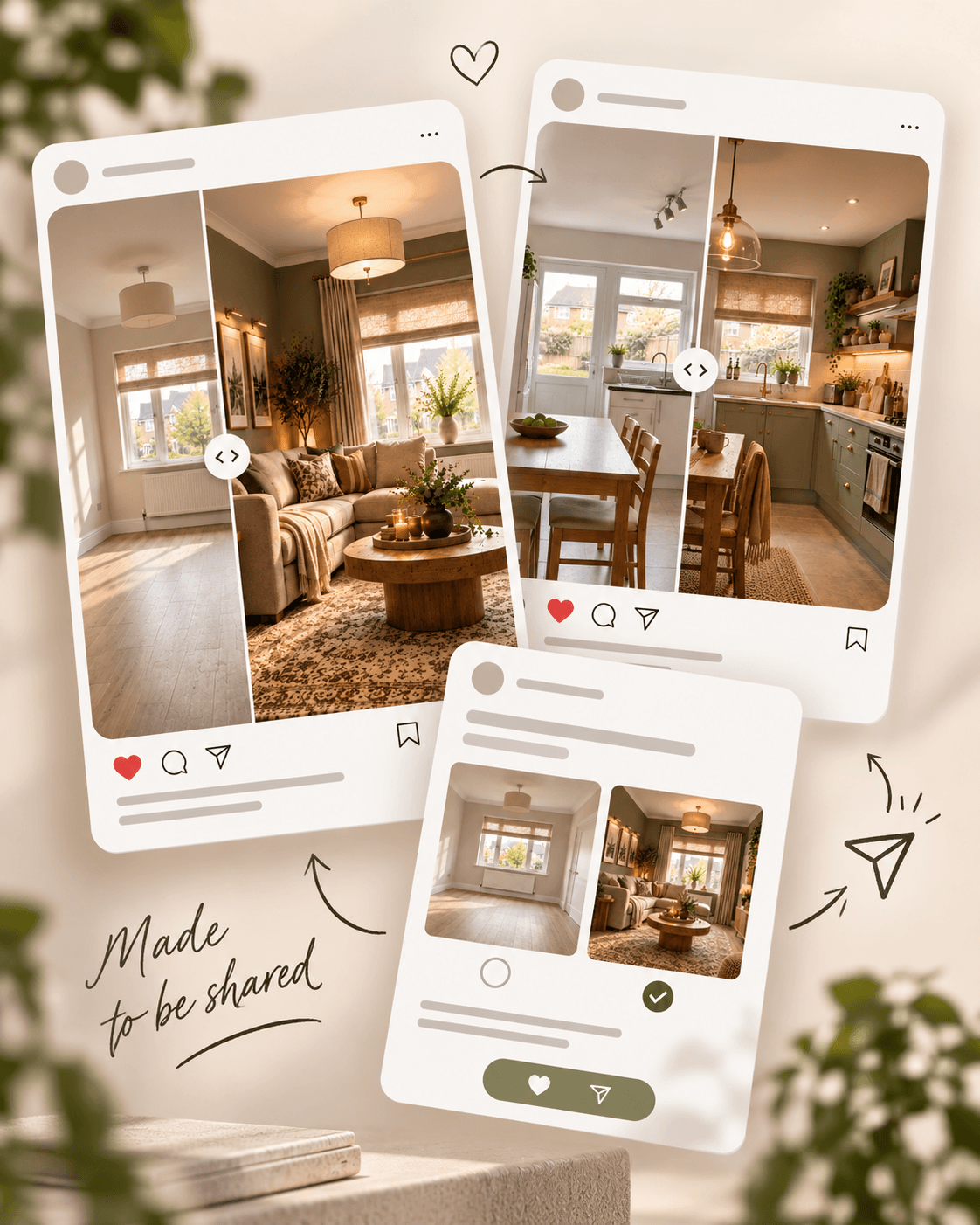 Room Studio transformations shown in social sharing formats