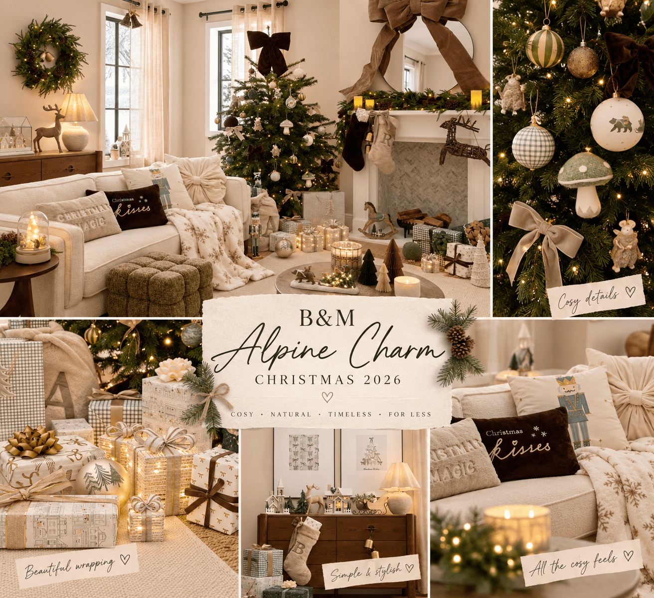B&M Alpine Charm Christmas 2026 collage featuring a cosy neutral living room, decorated Christmas tree, velvet bows, woodland ornaments, festive gift wrapping and warm natural textures.