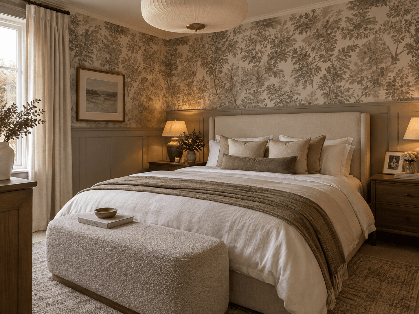 Modern cosy bedroom with half height wall panelling, designer botanical wallpaper, warm neutral decor, upholstered bed, layered bedding and soft ambient lighting.