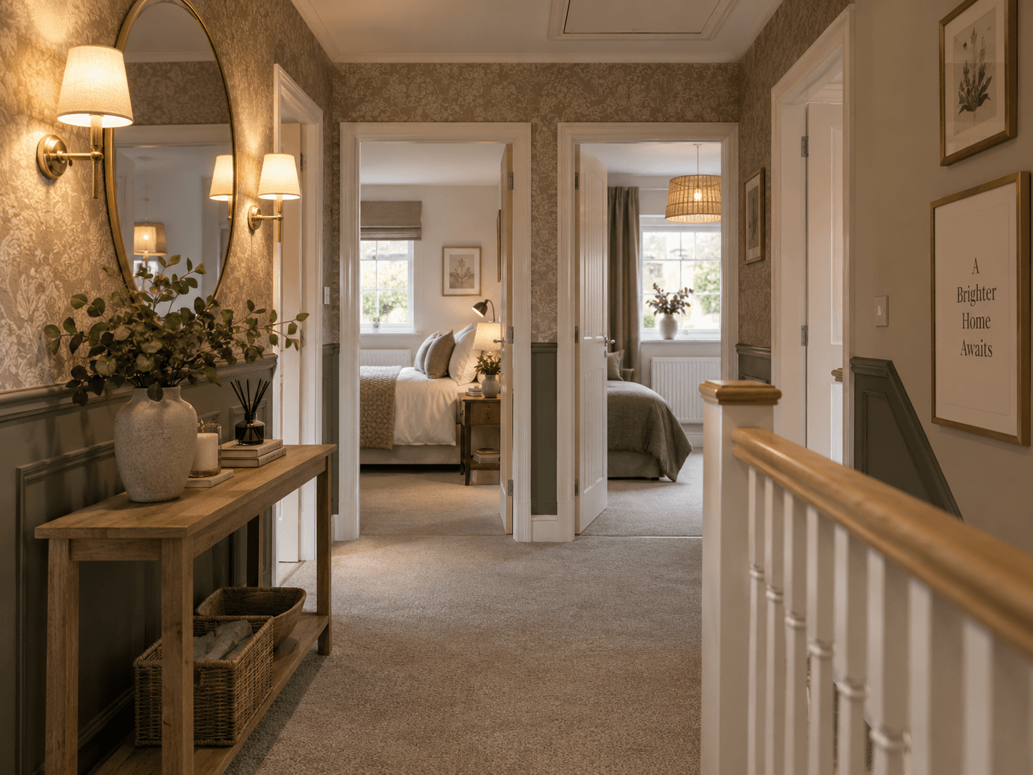 Upstairs landing with olive green half height wall panelling, intricate taupe wallpaper, brass wall sconces, large arched mirror, natural wood console table and cosy neutral bedrooms beyond.