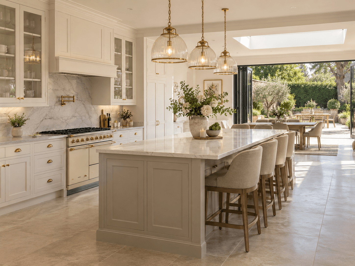 Large white Shaker kitchen with marble splashbacks, gold handles, cream range cooker, glass front cabinets, central island, statement pendant lighting, floral arrangement and bifold doors opening onto the garden.