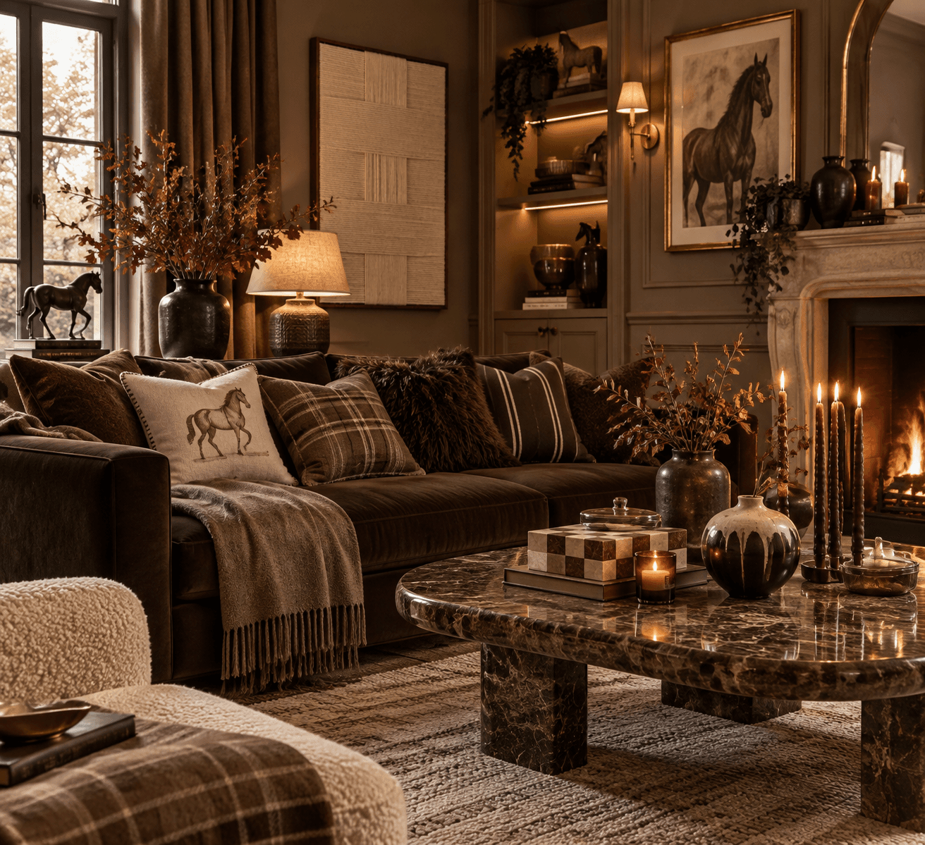 Warm chocolate brown living room with a cosy country house feel, featuring a velvet sofa, marble coffee table, autumn foliage, brass details, horse artwork, textured cushions, soft lighting and elegant equestrian inspired styling