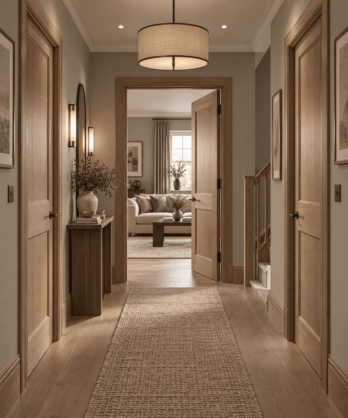 Modern new-build hallway with solid oak panelled doors, matching woodwork, warm greige walls, neutral runner, soft lighting and a cosy living room beyond.
