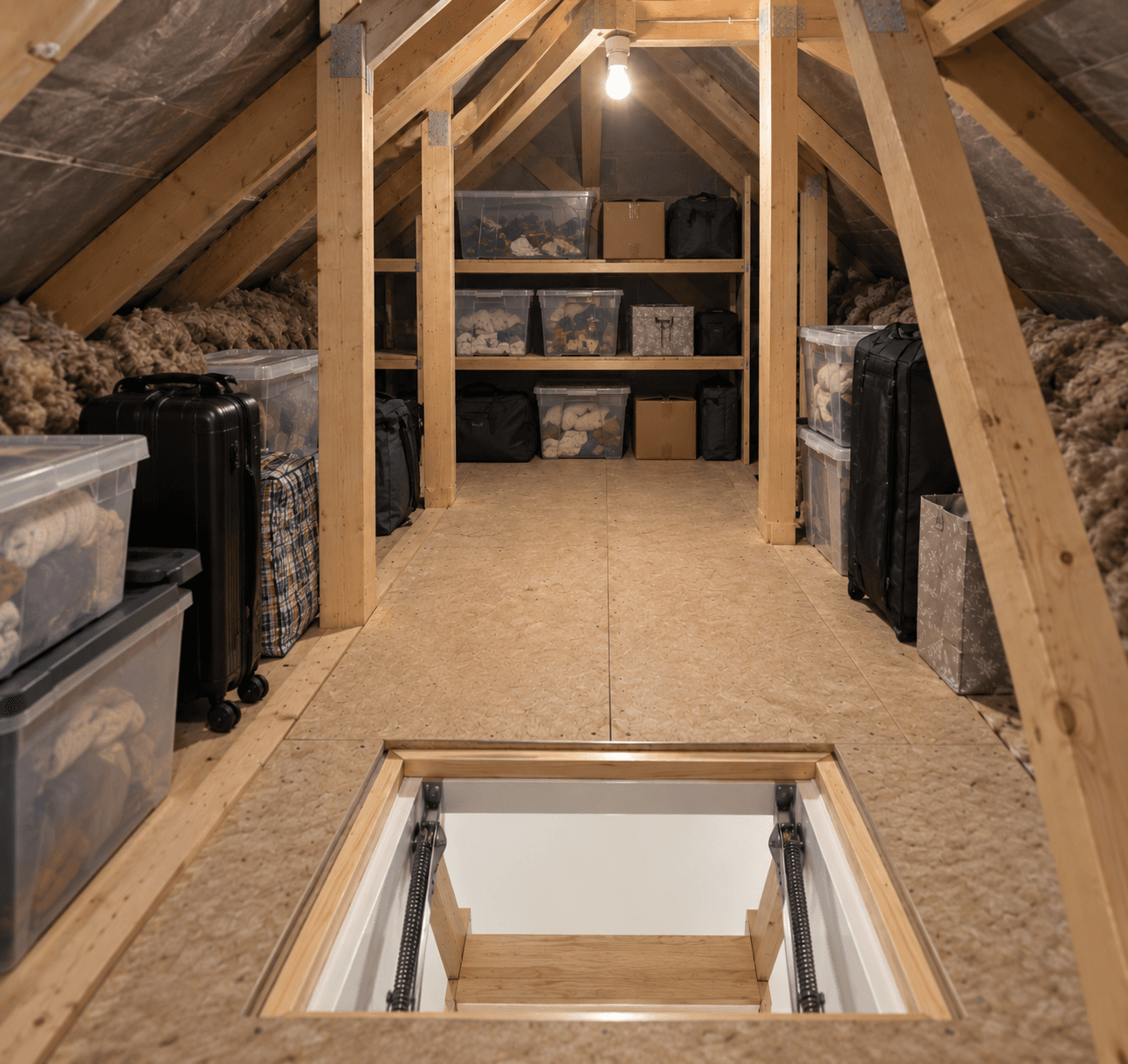 Practical new build loft storage area with boarded flooring, exposed timber trusses, shelving across the back, neatly arranged storage boxes and suitcases, and safe use of the central accessible space only.