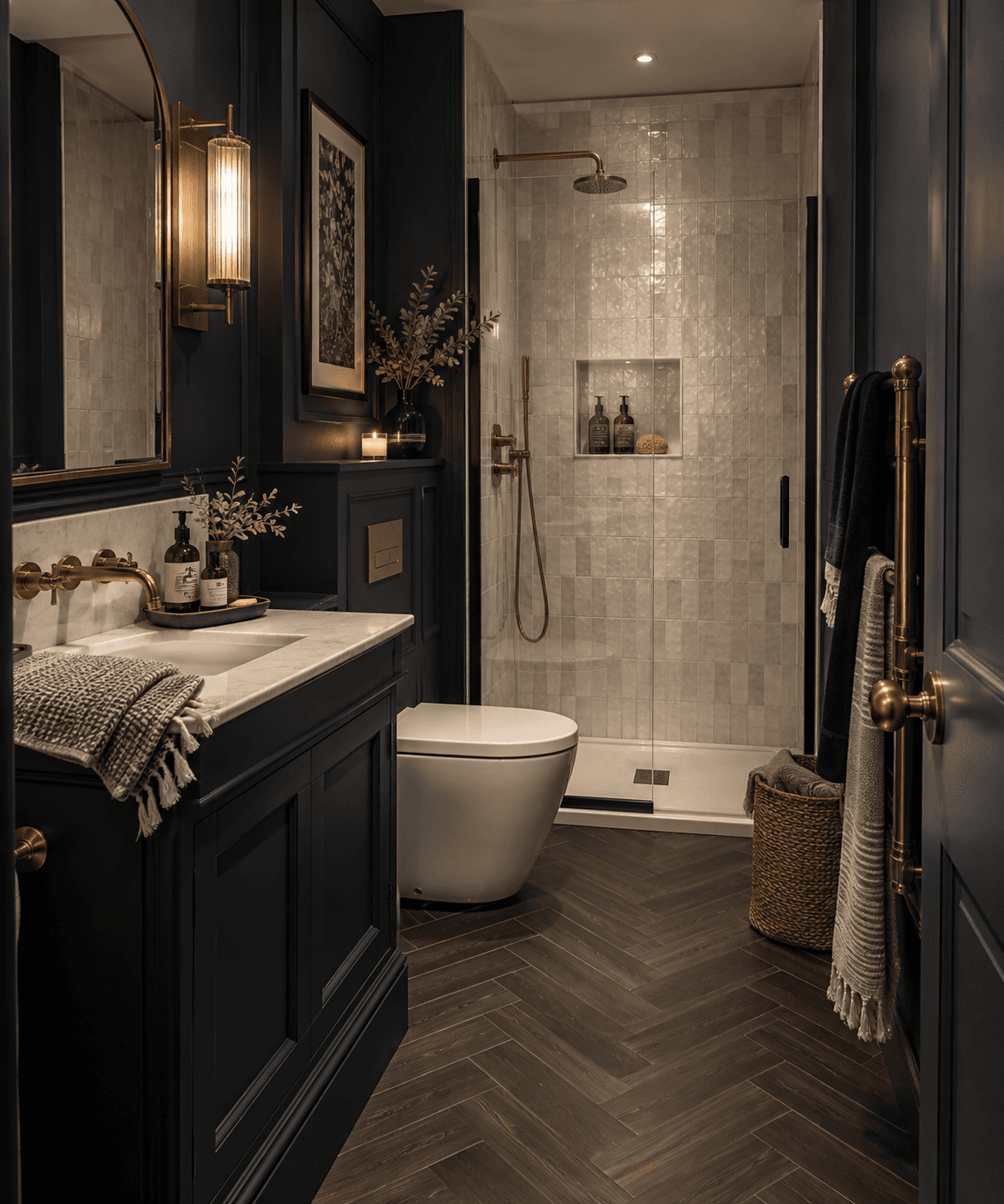 Compact new build bathroom with deep navy panelling, antique brass fittings, mother of pearl shower tiles, dark herringbone flooring, a marble vanity and warm layered lighting.