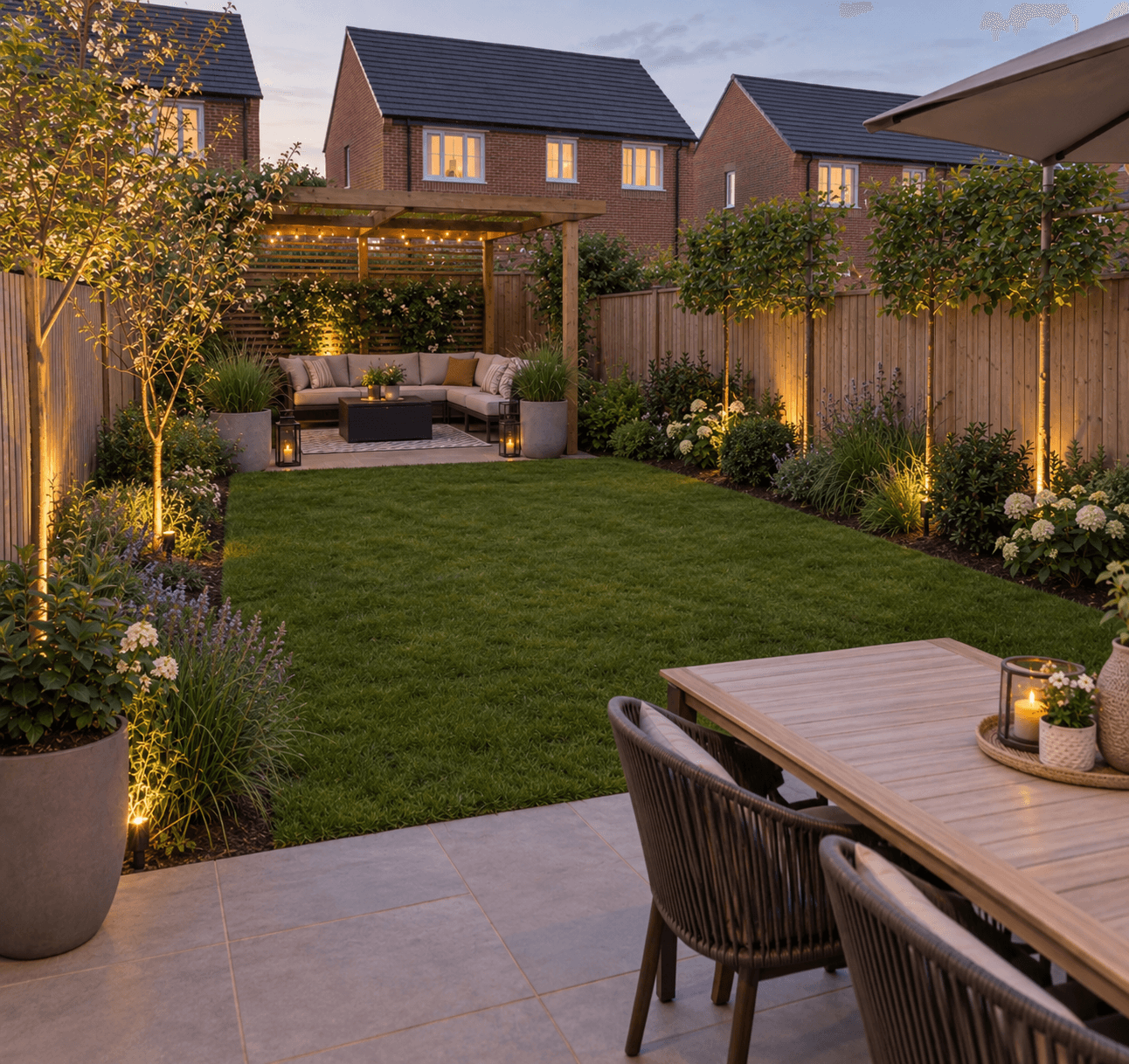 New build garden privacy ideas using a pergola, pleached trees, layered planting, screening and outdoor seating to soften overlooking from neighbouring homes.