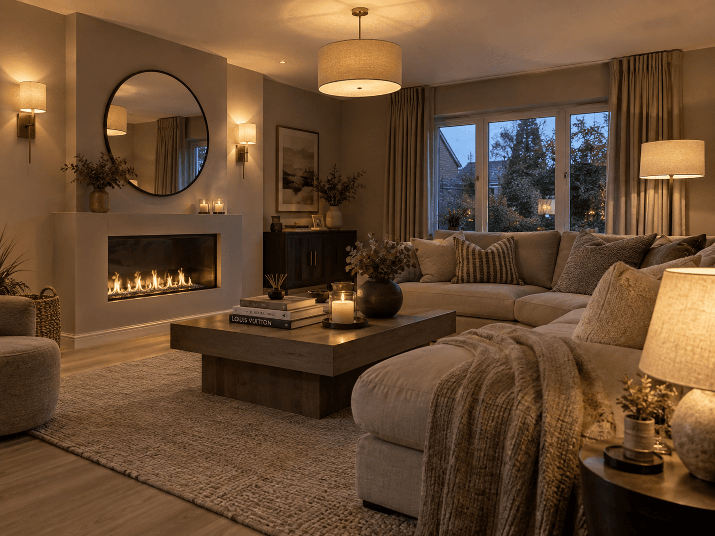 Warm, neutral-toned living room with layered lighting including wall sconces, table lamps, a statement ceiling pendant and a low fire, creating a cosy and inviting atmosphere.