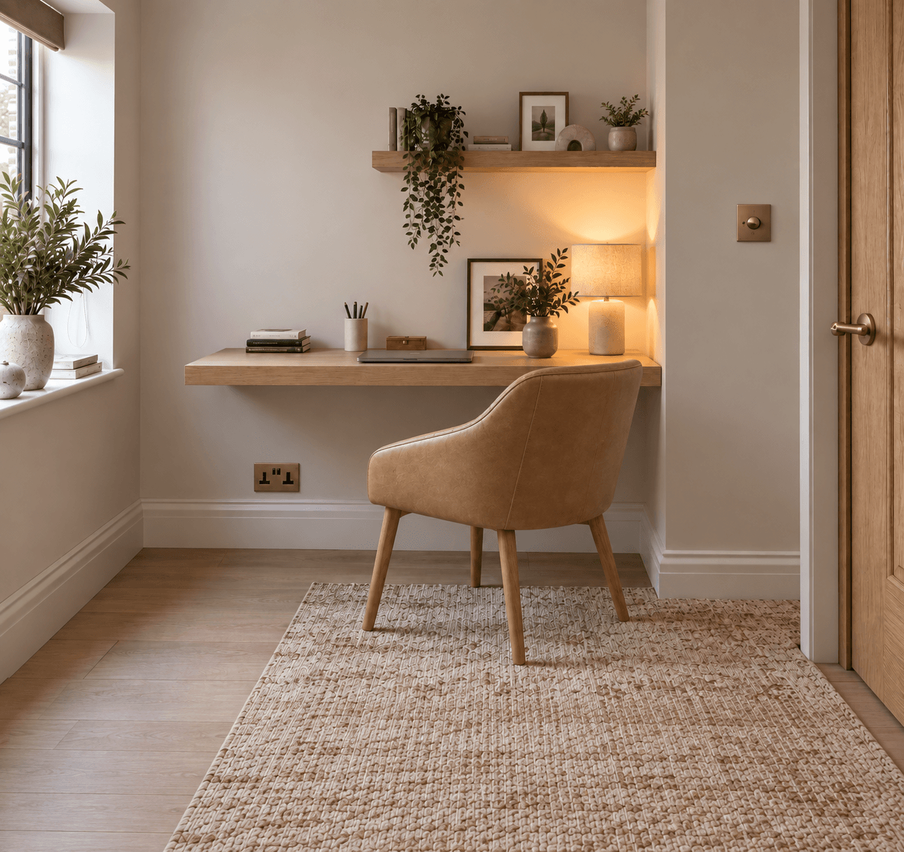 Modern new build home office with a floating oak desk, tan leather chair, warm neutral walls, brass switches and sockets, soft lighting and simple natural styling.