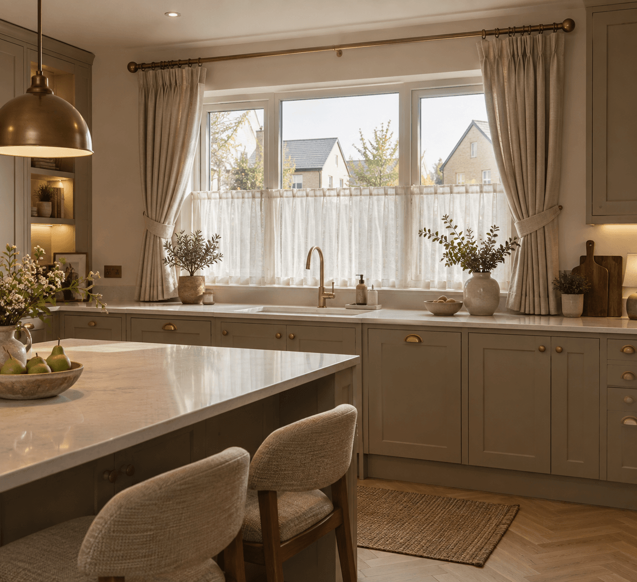 Modern new build kitchen with a large sink window, sheer café curtains for privacy, tied back neutral drapes on an antique brass pole, greige cabinetry and warm layered lighting.