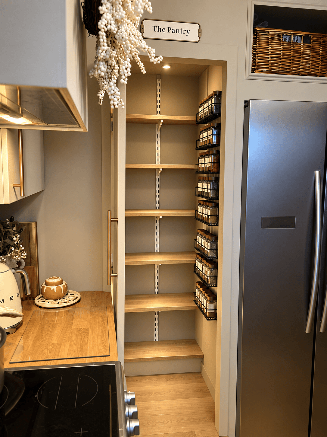 Built in walk in pantry created from existing kitchen cabinet space, with oak shelving, organised spice storage, warm neutral finishes and integrated lighting beside the fridge.