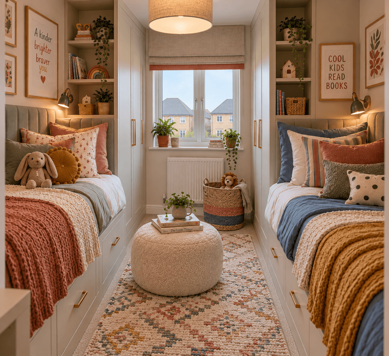 Small modern new build children’s bedroom designed for two, with twin beds, full height storage, warm layered lighting, colourful textiles and a view across neighbouring new build homes.