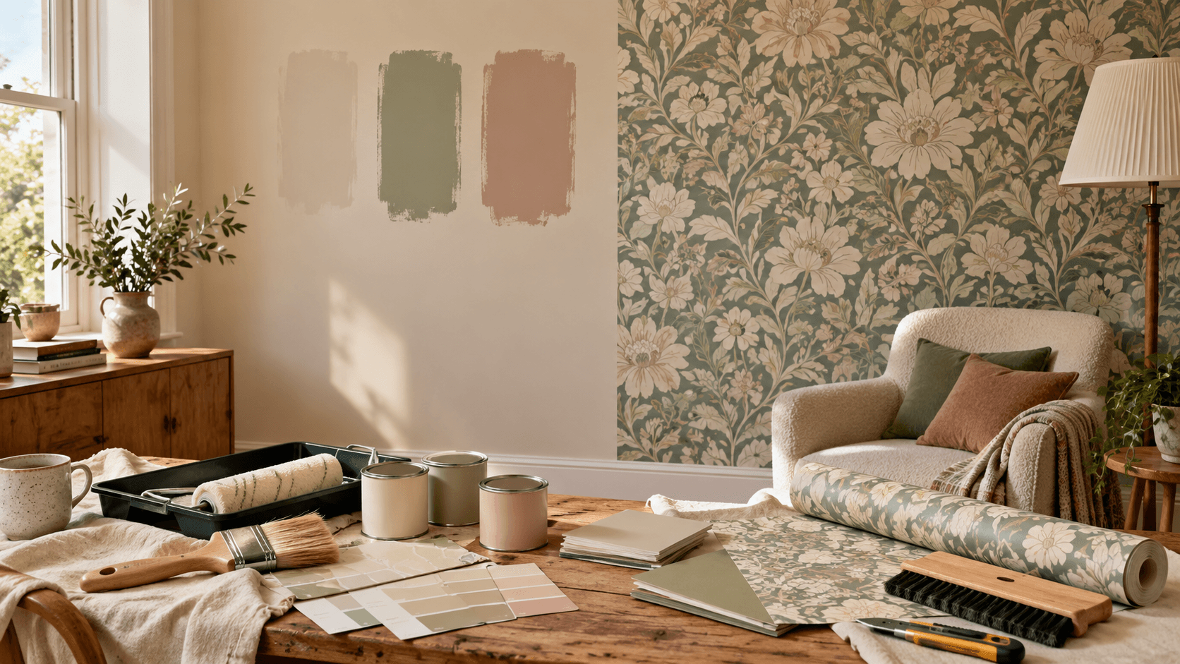 Warm, lived in room comparing paint and wallpaper, with paint swatches on one wall, floral wallpaper on the other and decorating tools laid out ready for a DIY makeover.