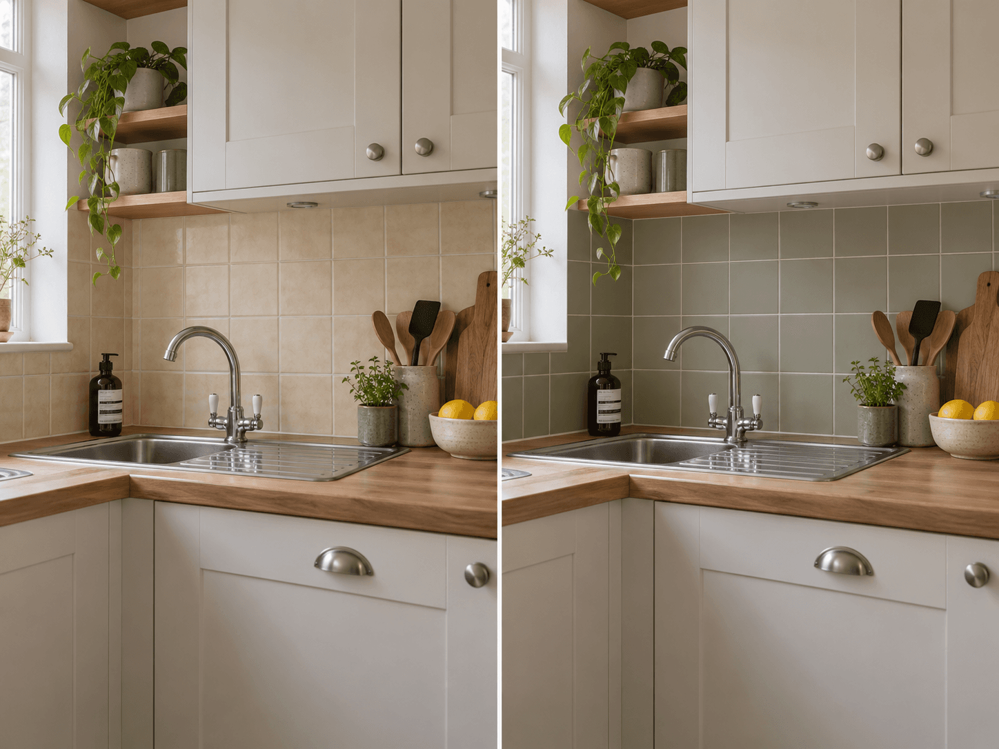 Before and after of a small kitchen showing dated beige splashback tiles refreshed with soft sage green paint, while the cupboards, worktops and fittings remain unchanged.