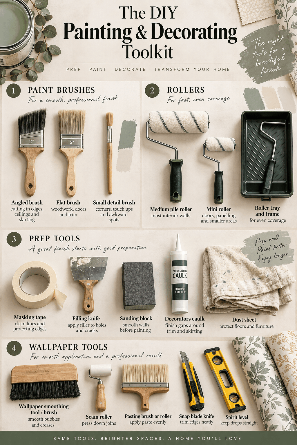 Flat lay infographic titled “The DIY Painting & Decorating Toolkit” showing paint brushes, rollers, prep tools and wallpaper tools, with each item labelled to explain what it is used for in home decorating.