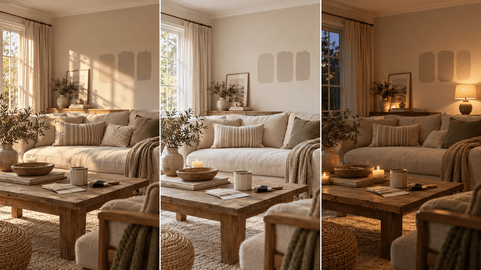 Cosy modern living room shown in morning, daytime and evening light, illustrating how the same warm neutral paint colour can change throughout the day.