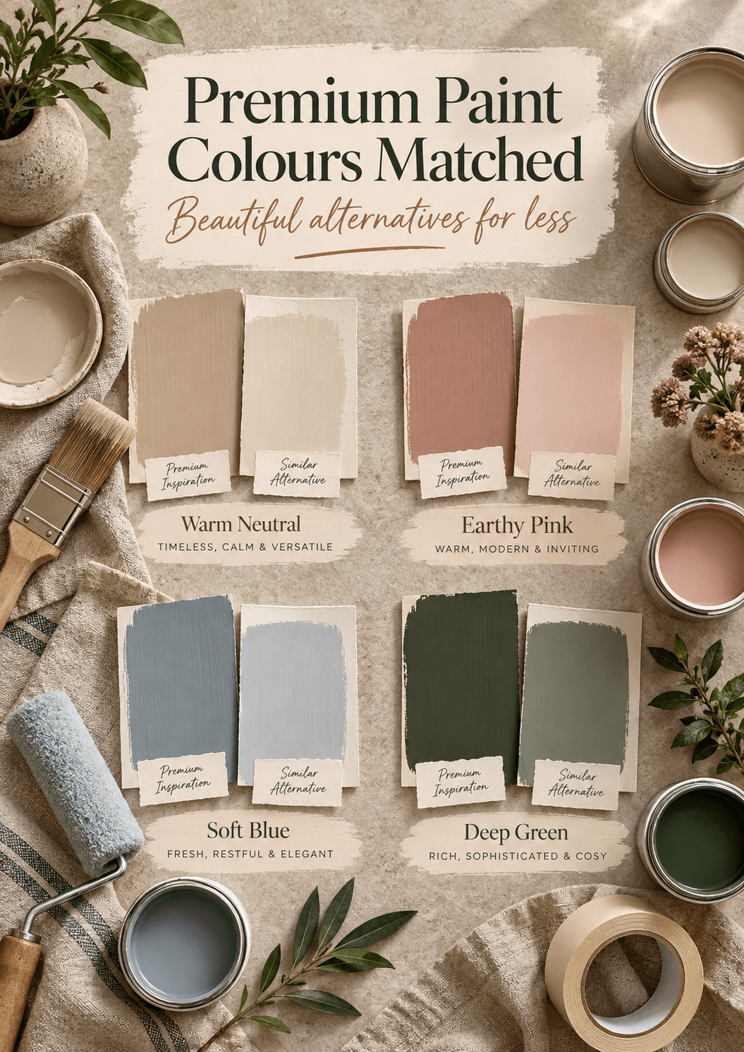 Pinterest style paint inspiration graphic titled “Premium Paint Colours Matched”, showing warm neutral, earthy pink, soft blue and deep green paint pairings with similar alternatives, alongside tester pots, a brush, roller and masking tape.