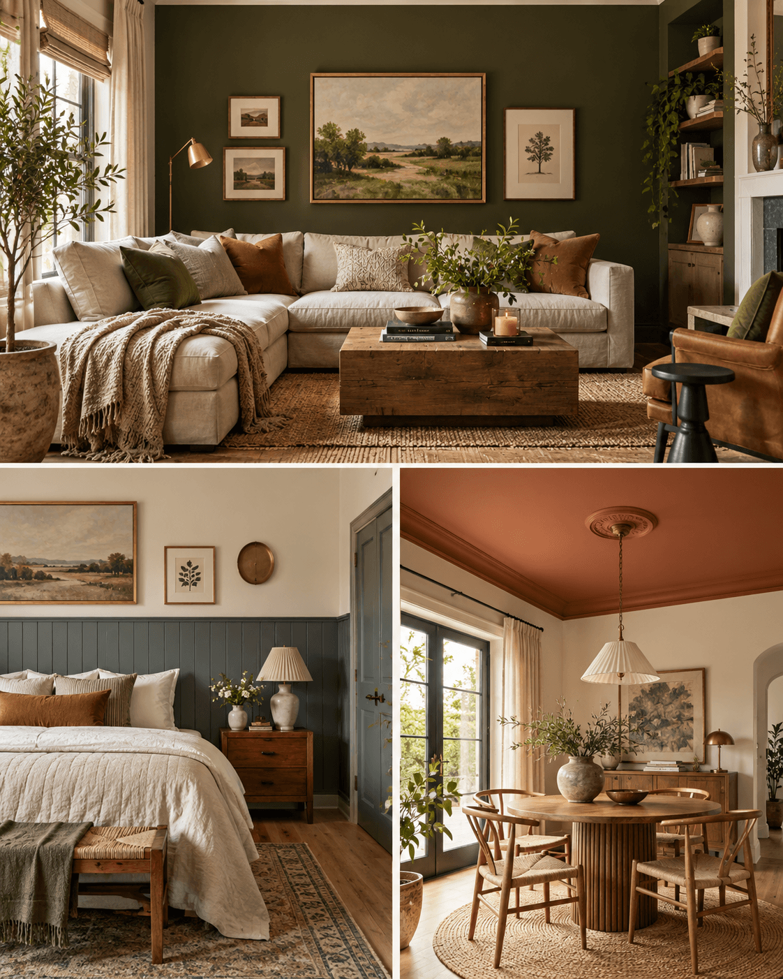 Interior inspiration collage showing three accent wall ideas: a dark feature wall in a cosy living room, half wall panelling in a bedroom, and a painted ceiling in a bright dining space.