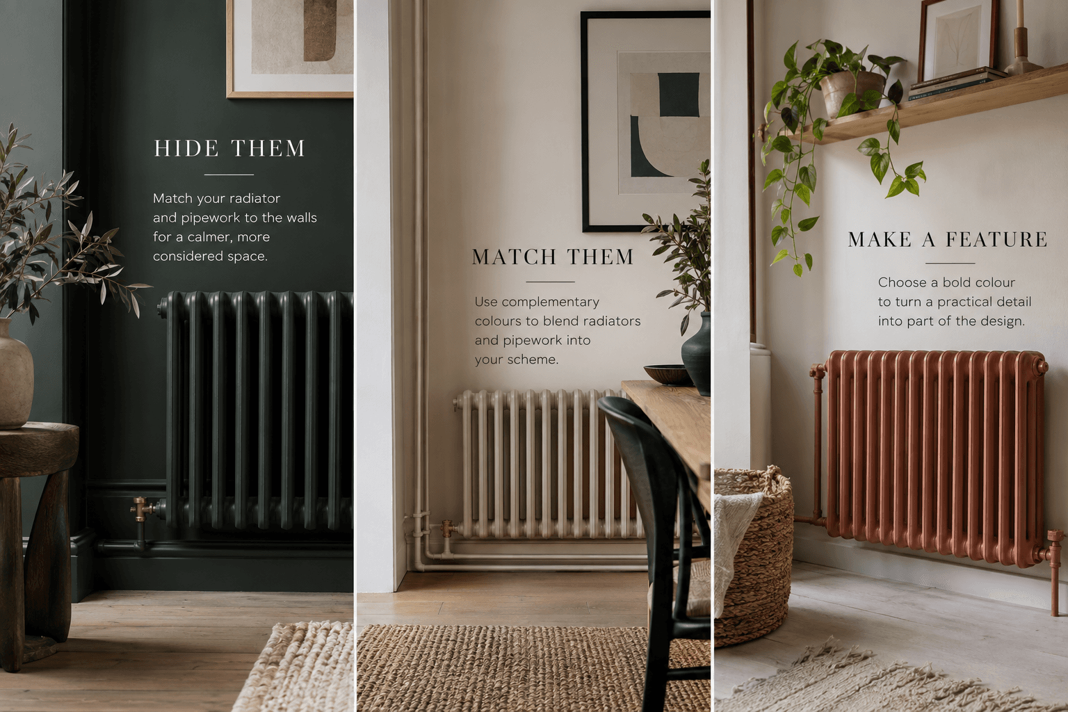 Editorial interior collage showing three ways to style radiators and exposed pipework: painted to blend into dark walls, matched with neutral décor, or highlighted in a bold terracotta colour as a feature.