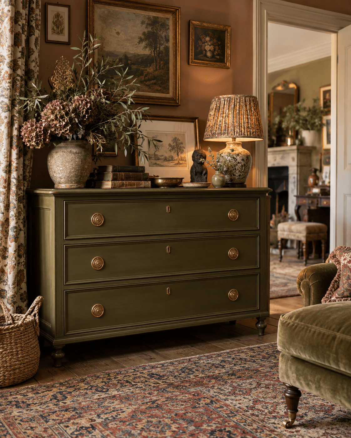 Maximalist interior with an antique style chest of drawers painted in a rich earthy olive tone, finished with glamorous brass hardware and styled with artwork, florals and warm layered décor.