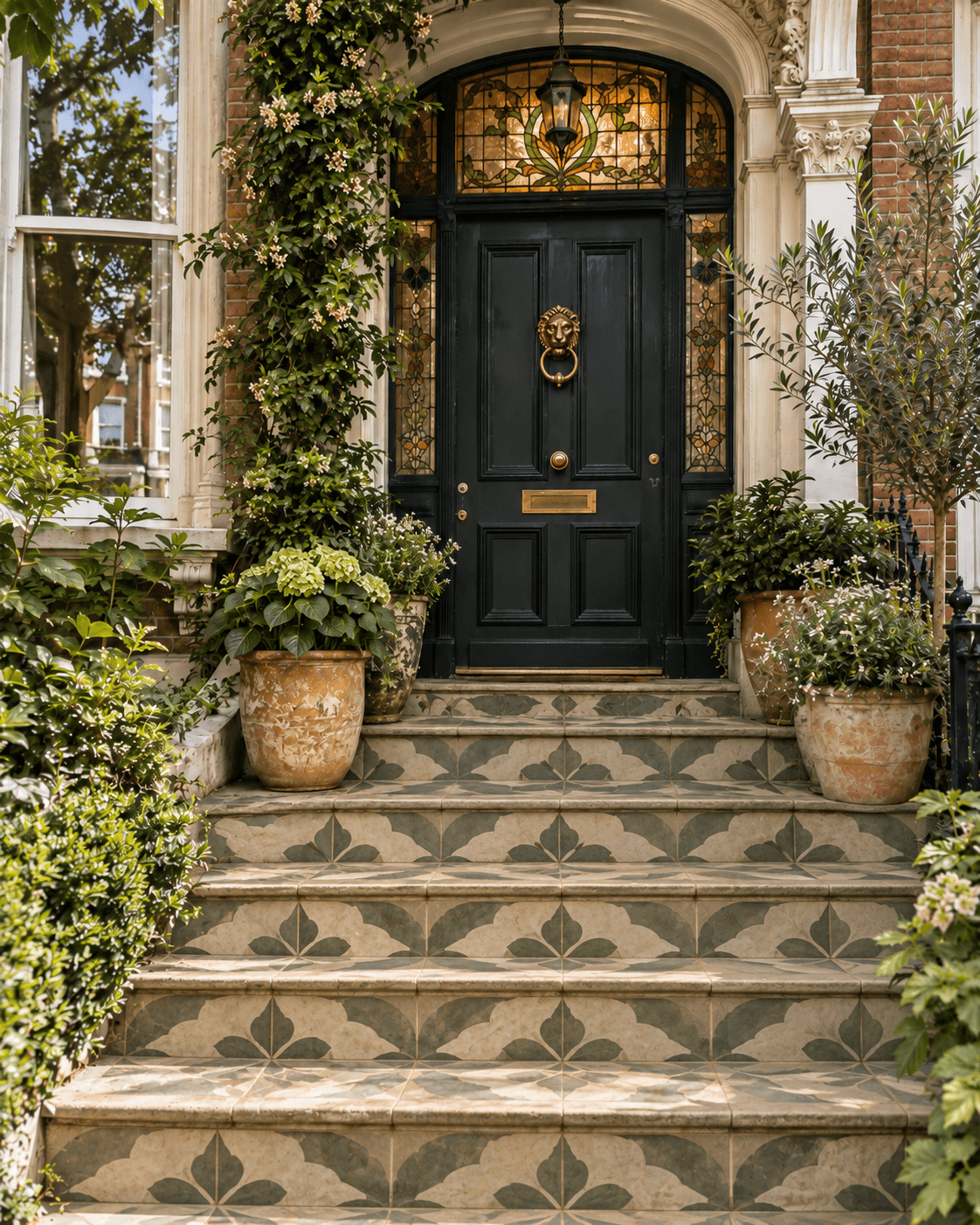 Victorian house entrance with bold stencilled patterned steps, a black front door with brass hardware and stained glass, surrounded by layered greenery and planted pots.