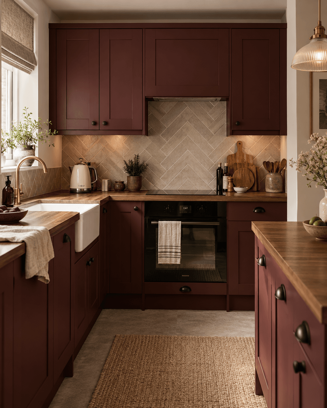 Small modern kitchen with maroon painted wooden cupboards, mushroom herringbone tiles, black hardware and warm walnut worktops, styled to suit a compact new build home or flat.