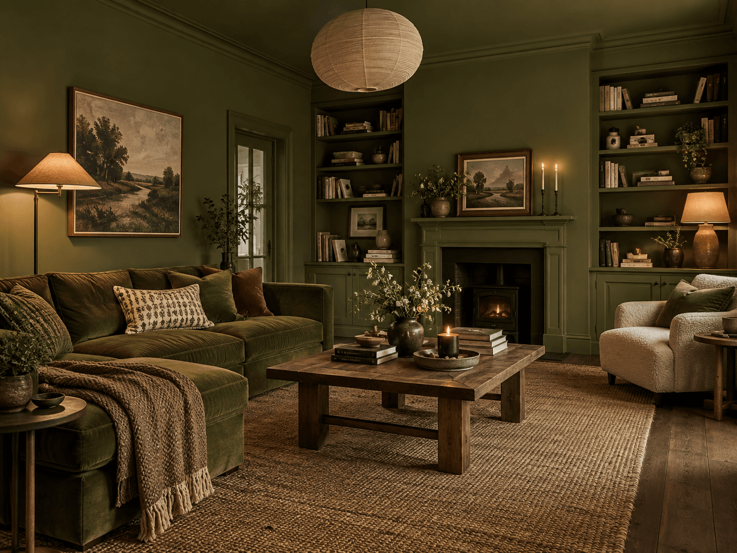 Olive green colour drenched living room with matching walls, woodwork and built in shelving, layered with warm timber, textured fabrics and soft ambient lighting.