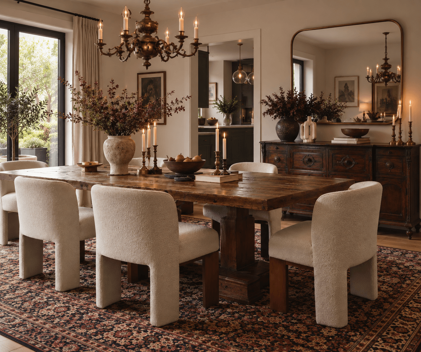 Modern maximalist dining room in a newer build home with a reclaimed wood table, contemporary upholstered chairs, antique sideboard, vintage rug, brass candlesticks and an ornate chandelier.