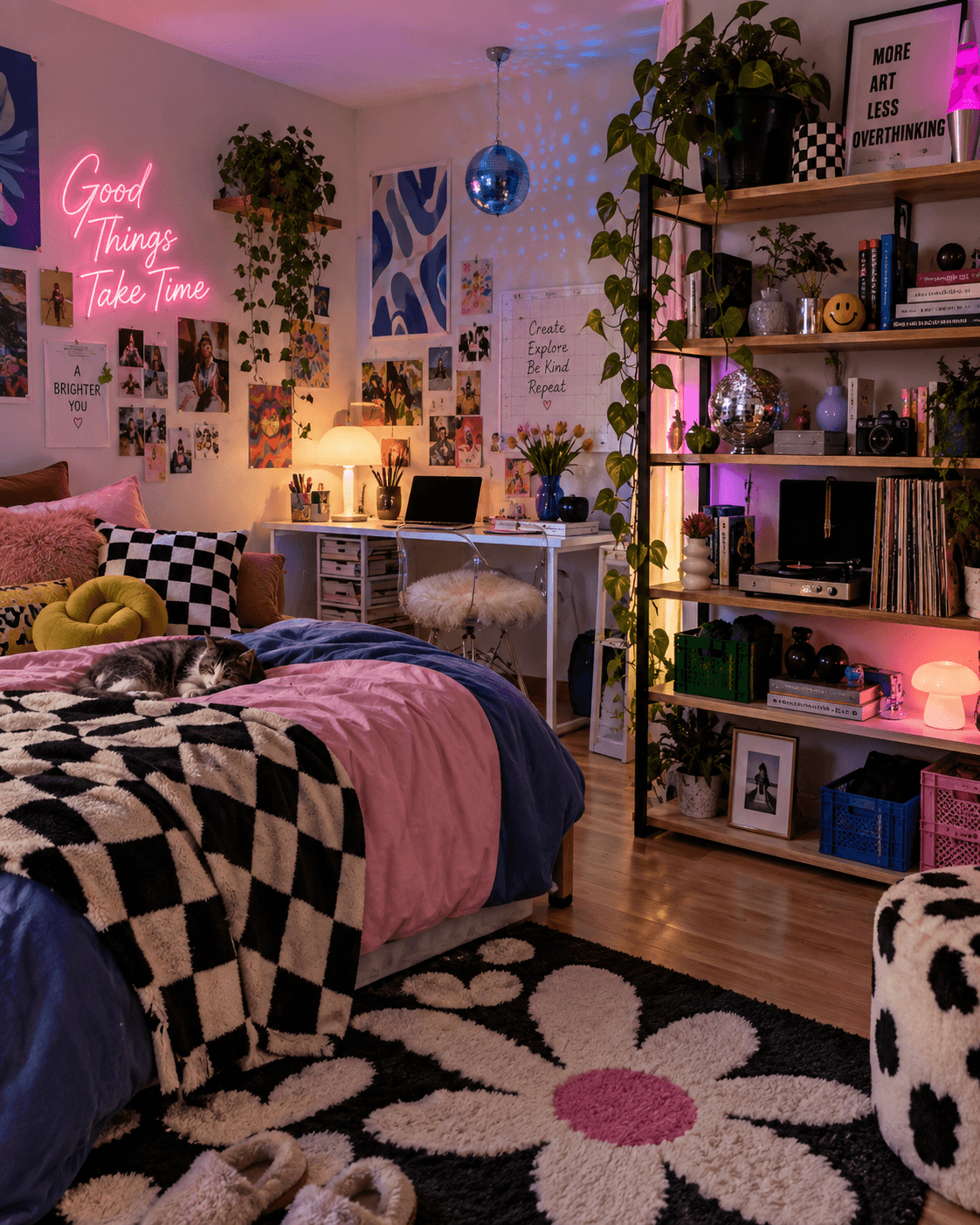 Eclectic teen bedroom with neon lighting, open shelving, trailing plants, colourful artwork, checkerboard textiles, records, books and playful maximalist decor.