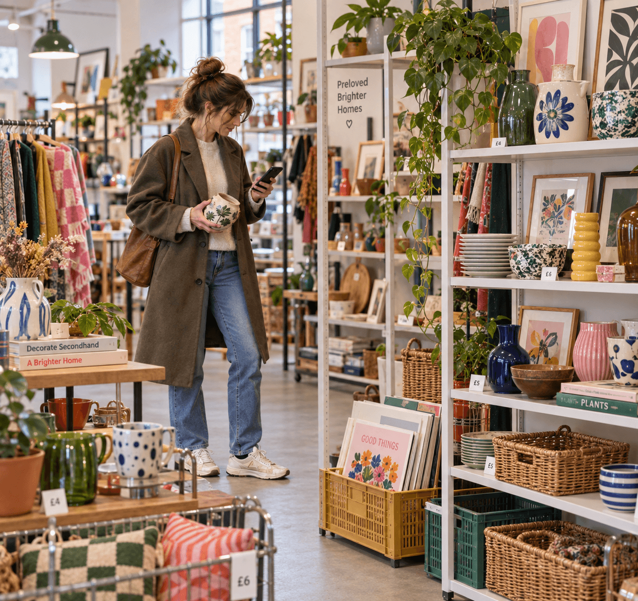 Person browsing a bright preloved homewares shop with open shelving, colourful ceramics, framed prints, baskets, textiles, trailing plants and affordable vintage style decor.