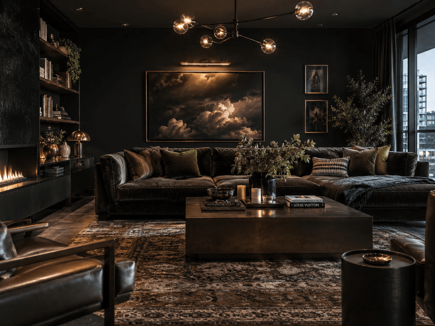 Polished maximalist living room in a modern apartment with black walls, a dark velvet sectional sofa, a large square coffee table, layered rug, warm metallic lighting and moody masculine styling.