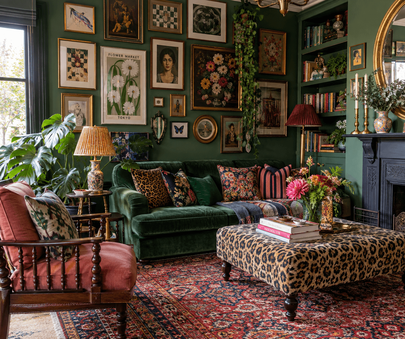 Maximalist Sitting Room in Emerald Green with leopard print furniture, patterned rugs and photo wall