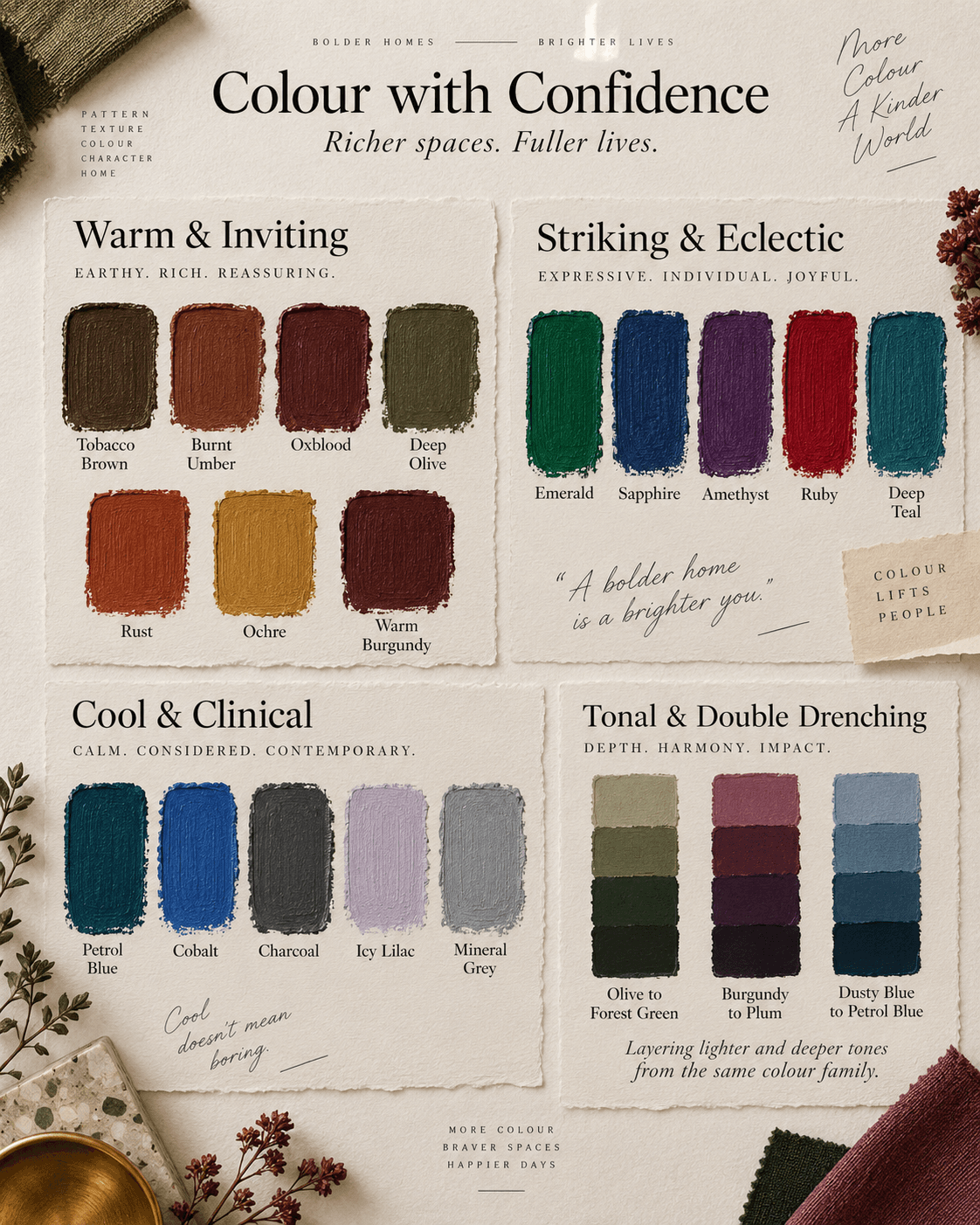 Colour palette moodboard showing warm earthy shades, jewel tones, cool contemporary colours and tonal drenching combinations, including tobacco brown, oxblood, emerald, sapphire, petrol blue, olive and burgundy.