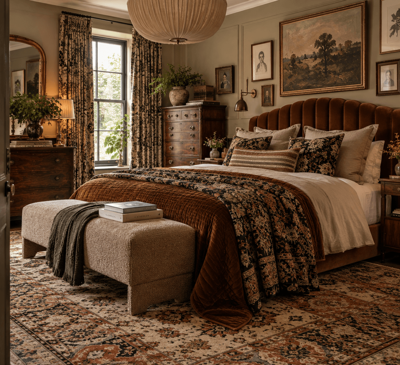 Warm maximalist bedroom with a rust velvet statement bed, antique dark wood furniture, layered patterned textiles, a large vintage style rug and botanical curtains.