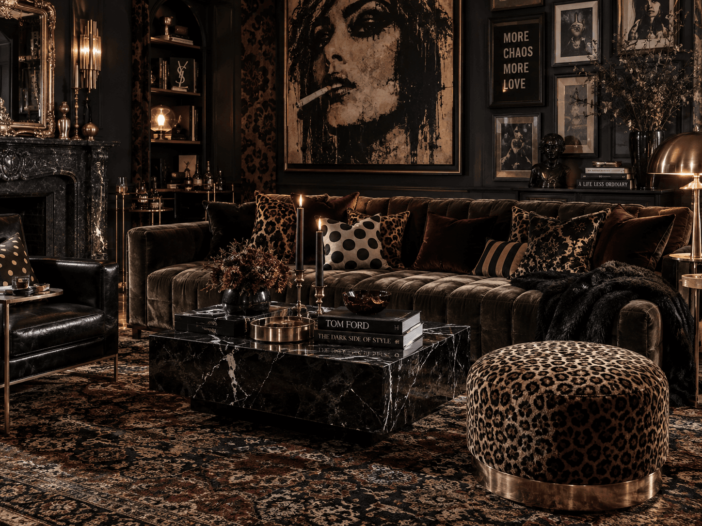 Grungy luxe maximalist sitting room with leopard print, polka dots, damask inspired pattern, velvet seating, dark artwork, brass accents and layered rich textures.