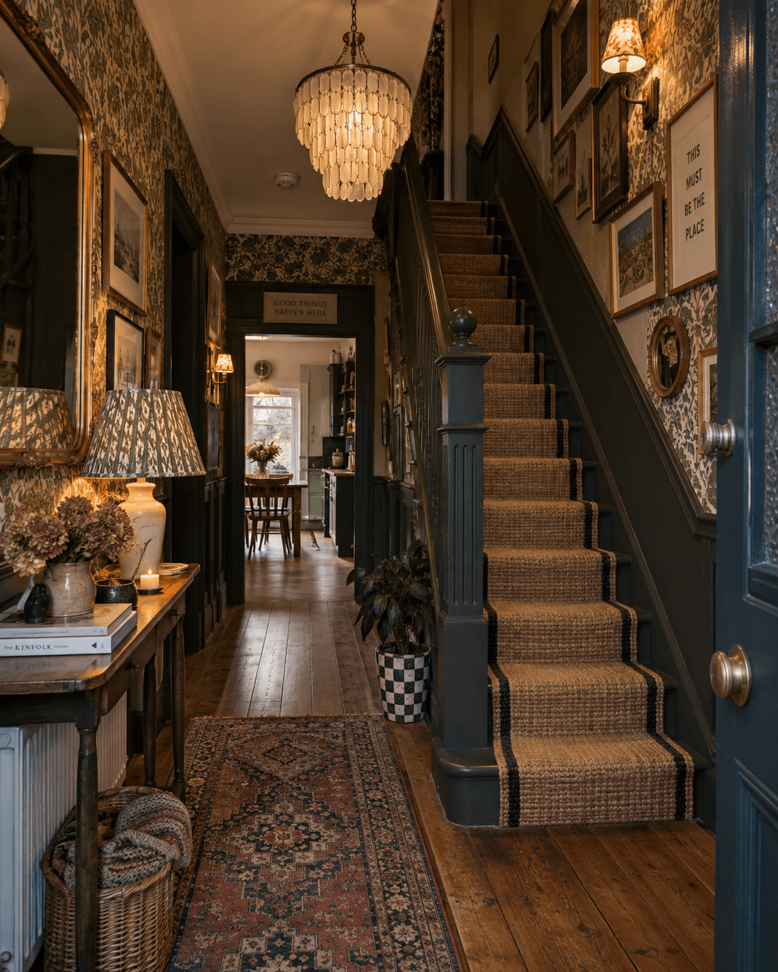 Maximalist hallway in a smaller home with botanical wallpaper, dark painted woodwork, layered artwork, a statement chandelier, wall lighting and warm patterned rugs.