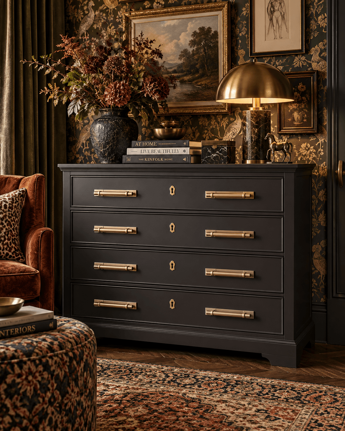 Dark olive chest of drawers with long brass handles, styled against floral wallpaper with framed artwork, a large vase of flowers, table lamp and layered maximalist decor.