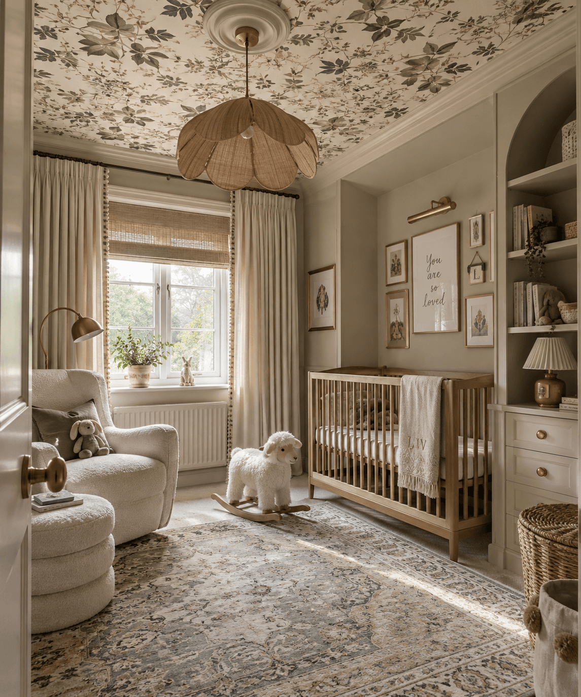 Light maximalist nursery with a delicate botanical wallpapered ceiling, natural wood cot, soft neutral furnishings, layered rug, brass lighting and built in shelving.